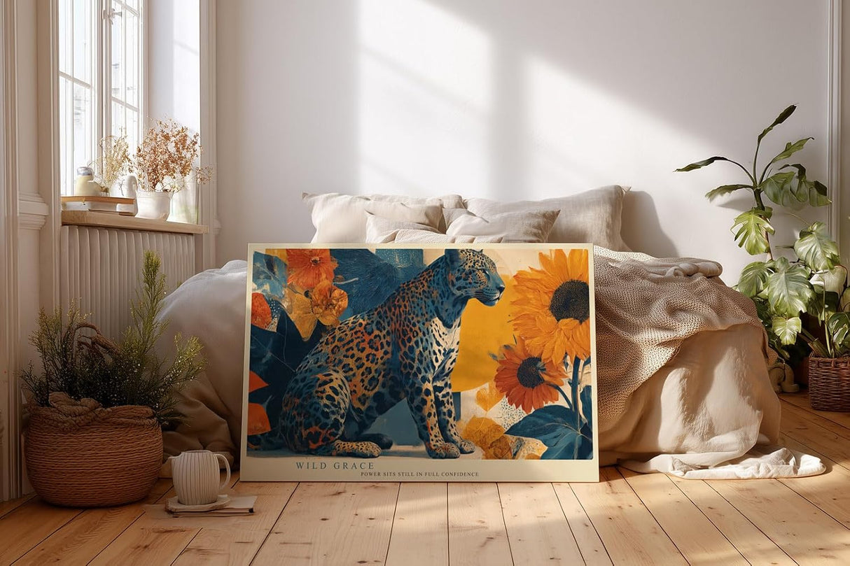 Paul Sinus Wandbild 120x80cm Leopard Tierkunst mit Sonnenblumen elegante Wildkatze moderne Natur Kunstbild stilvolle Wanddekoration fuer Wohnzimmer Büro