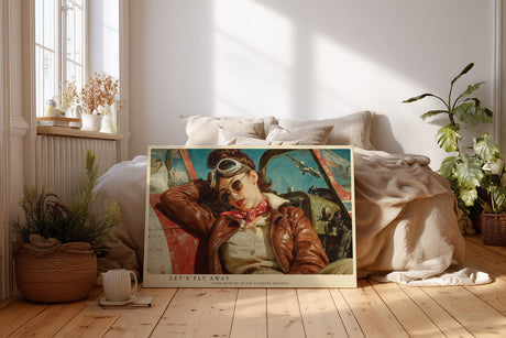 Paul Sinus Wandbild Let’s Fly Away – Vintage Pilotin in Lederjacke, inspiriert von Abenteuerlust und Retro-Flugkunst, stilvolles Motiv für moderne Räume