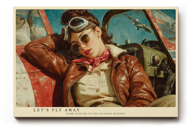 Paul Sinus Wandbild Let’s Fly Away – Vintage Pilotin in Lederjacke, inspiriert von Abenteuerlust und Retro-Flugkunst, stilvolles Motiv für moderne Räume