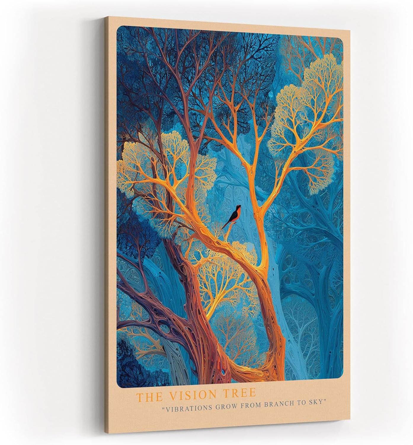 Paul Sinus Wandbild in 40x60cm Leuchtender Baum in Blauund Goldtönen – surrealistisches Kunstwerk mit Vogel im Geäst