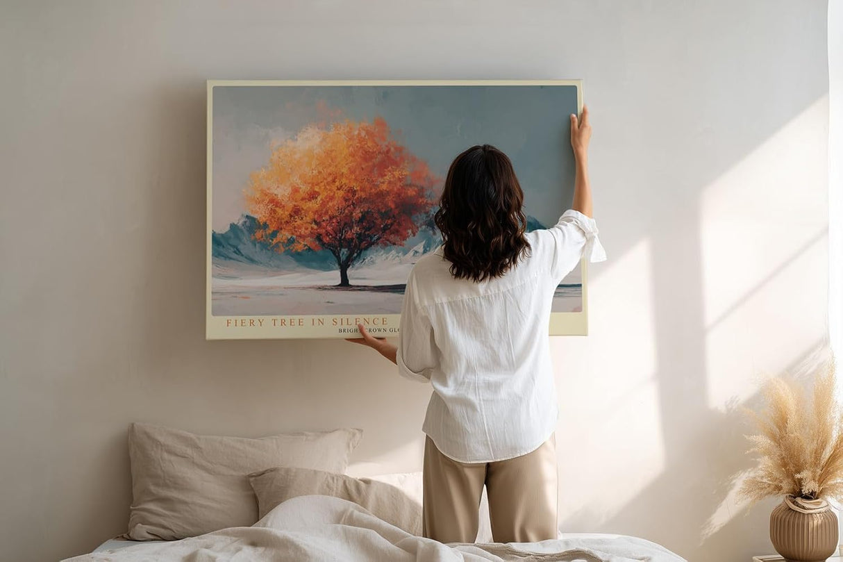 Paul Sinus Wandbild 120x80cm leuchtender Herbstbaum Berglandschaft orange Baumkrone moderne Naturkunst ruhige Landschaft
