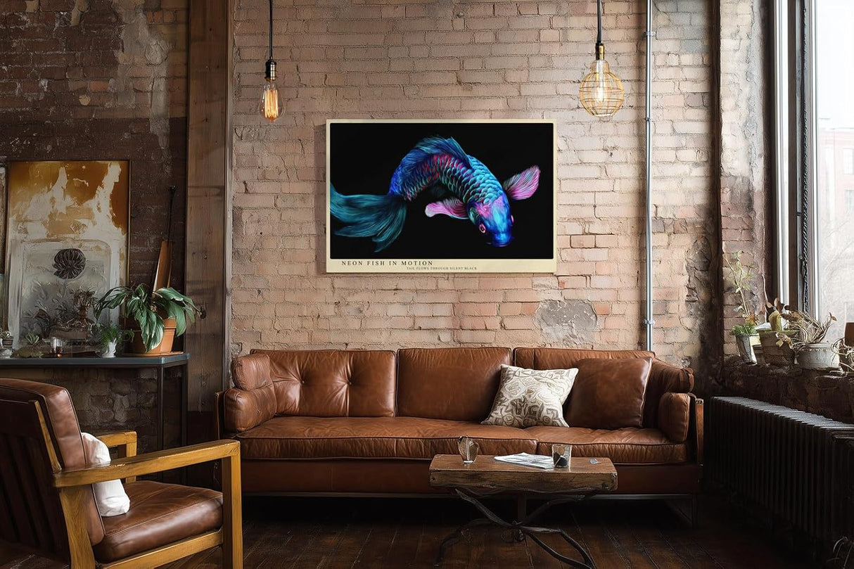 Paul Sinus Wandbild 120x80cm leuchtender Koi Fisch Neon Illustration buntes Unterwasser Kunstposter moderne Tierkunst in blau pink auf schwarzem Hintergrund fuer Wohnzimmer Büro Schlafzimmer