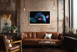 Paul Sinus Wandbild 120x80cm leuchtender Koi Fisch Neon Illustration buntes Unterwasser Kunstposter moderne Tierkunst in blau pink auf schwarzem Hintergrund fuer Wohnzimmer Büro Schlafzimmer