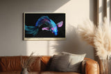 Paul Sinus Wandbild 120x80cm leuchtender Koi Fisch Neon Illustration buntes Unterwasser Kunstposter moderne Tierkunst in blau pink auf schwarzem Hintergrund fuer Wohnzimmer Büro Schlafzimmer