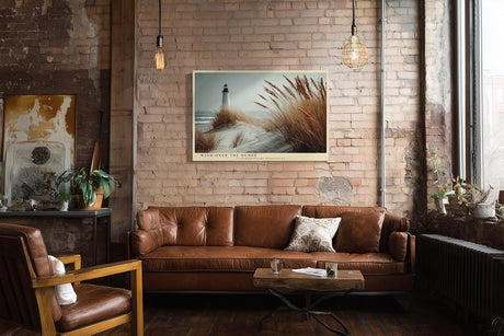 Paul Sinus Wandbild 120x80cm Leuchtturm Duenen Meer Landschaft Fotokunst modern beige Natur Kunstdruck grosses Kunstbild maritime Wanddekoration fuer Wohnzimmer Büro Flur