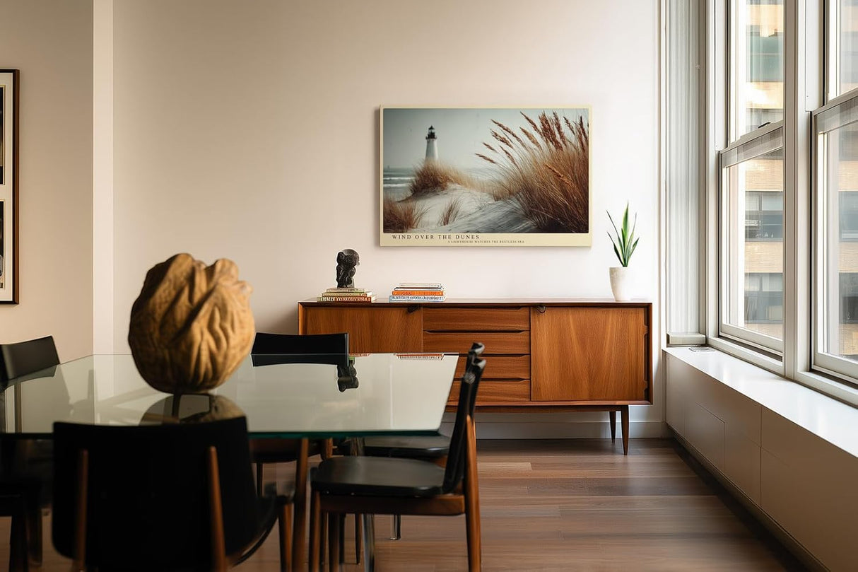Paul Sinus Wandbild 120x80cm Leuchtturm Duenen Meer Landschaft Fotokunst modern beige Natur Kunstdruck grosses Kunstbild maritime Wanddekoration fuer Wohnzimmer Büro Flur