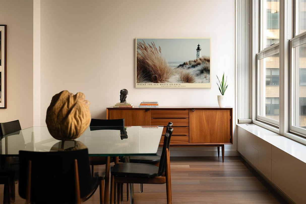 Paul Sinus Wandbild 120x80cm Leuchtturm Duenen Meer moderne Kuestenlandschaft Naturfotografie grosses Landschaftsbild stilvolle Wanddekoration fuer Wohnzimmer Büro