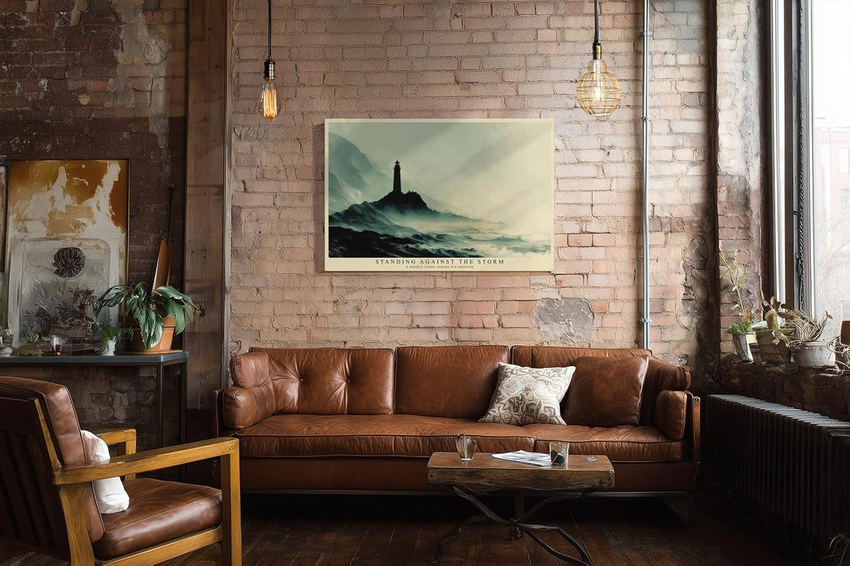 Paul Sinus Wandbild 120x80cm Leuchtturm Kueste dramatische Meereslandschaft Nebel Meer Kunstbild ruhige Natur Wanddekoration fuer Wohnzimmer Büro