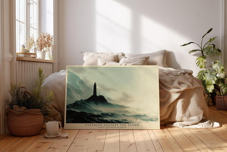 Paul Sinus Wandbild 120x80cm Leuchtturm Kueste dramatische Meereslandschaft Nebel Meer Kunstbild ruhige Natur Wanddekoration fuer Wohnzimmer Büro