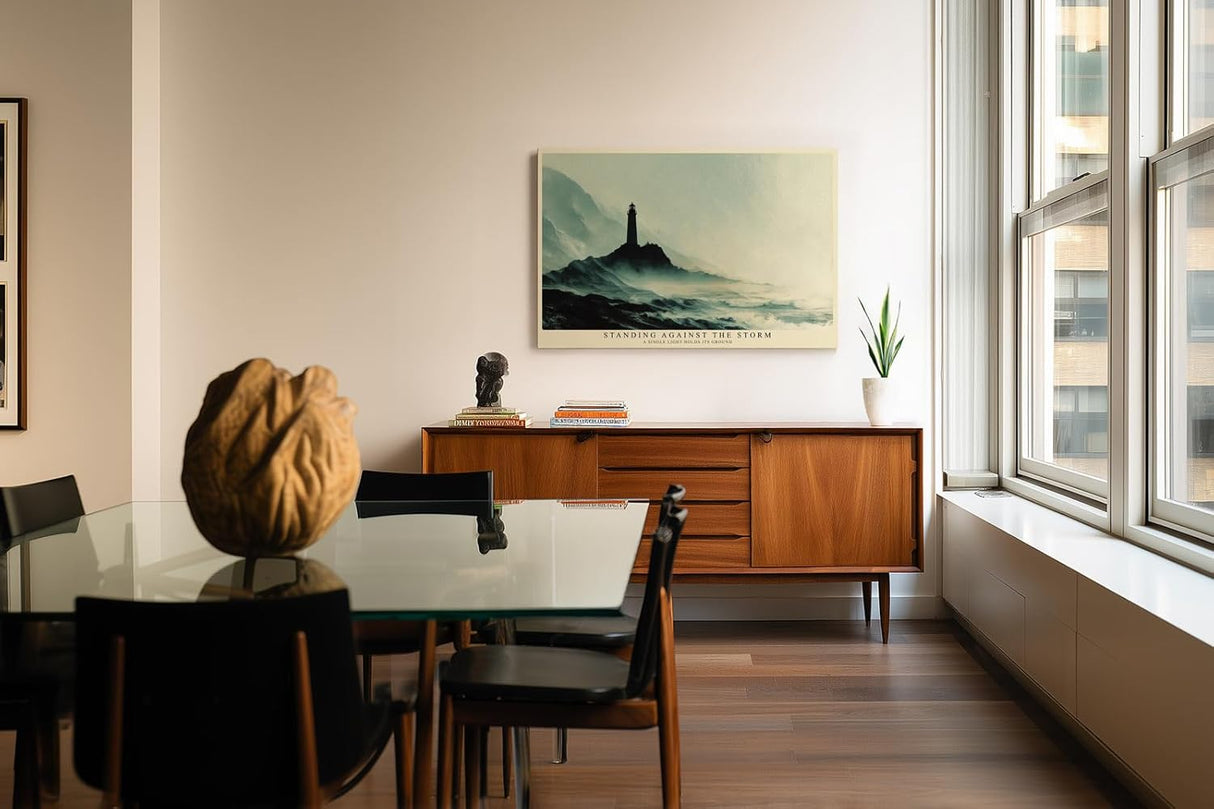 Paul Sinus Wandbild 120x80cm Leuchtturm Kueste dramatische Meereslandschaft Nebel Meer Kunstbild ruhige Natur Wanddekoration fuer Wohnzimmer Büro