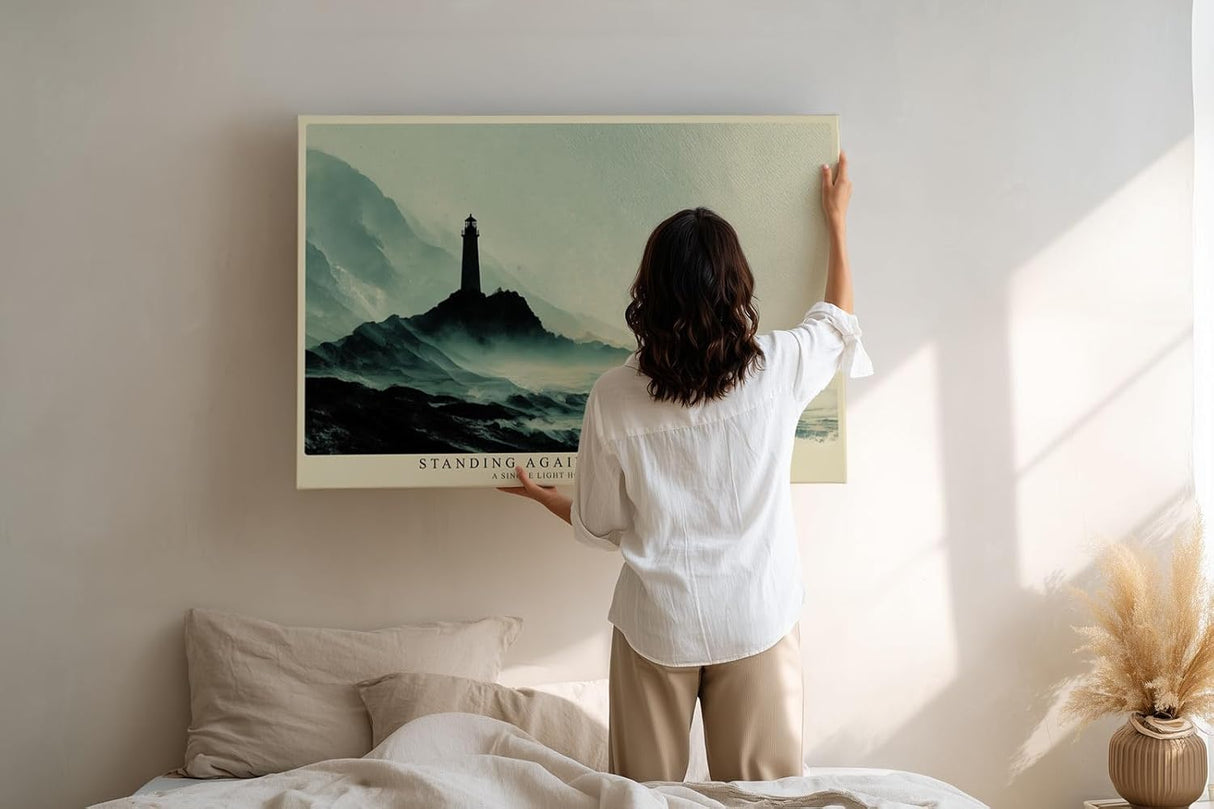 Paul Sinus Wandbild 120x80cm Leuchtturm Kueste dramatische Meereslandschaft Nebel Meer Kunstbild ruhige Natur Wanddekoration fuer Wohnzimmer Büro