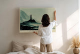 Paul Sinus Wandbild 120x80cm Leuchtturm Kueste dramatische Meereslandschaft Nebel Meer Kunstbild ruhige Natur Wanddekoration fuer Wohnzimmer Büro
