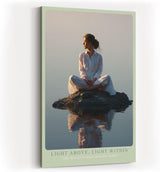 Paul Sinus Wandbild in 40x60cm Light Above, Light Within – Meditatives Porträt einer Frau in weißem Gewand, sitzend auf einem Felsen im stillen Wasser bei Sonnenaufgang