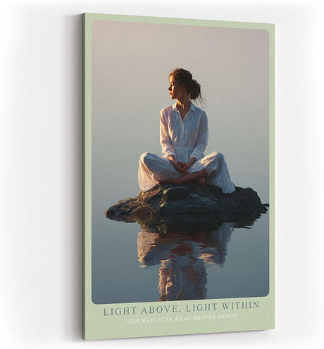 Paul Sinus Wandbild in 40x60cm Light Above, Light Within – Meditatives Porträt einer Frau in weißem Gewand, sitzend auf einem Felsen im stillen Wasser bei Sonnenaufgang