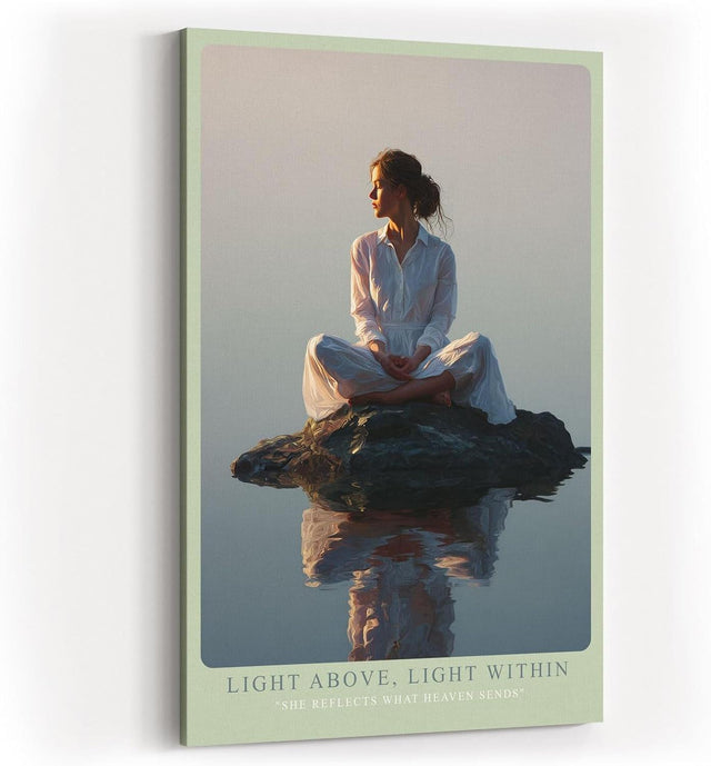 Paul Sinus Wandbild in 40x60cm Light Above, Light Within – Meditatives Porträt einer Frau in weißem Gewand, sitzend auf einem Felsen im stillen Wasser bei Sonnenaufgang