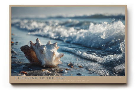 Paul Sinus Wandbild 120x80cm Listening to the Tide Muschel am Strand mit Wellen Maritime Natur Kunst fuer Wohnzimmer Schlafzimmer Bad und Büro