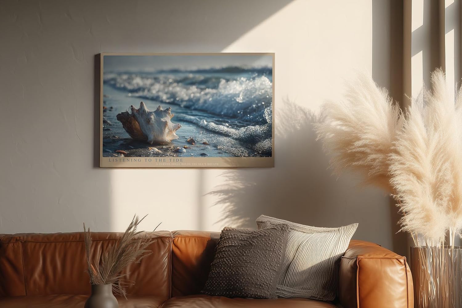 Paul Sinus Wandbild 120x80cm Listening to the Tide Muschel am Strand mit Wellen Maritime Natur Kunst fuer Wohnzimmer Schlafzimmer Bad und Büro
