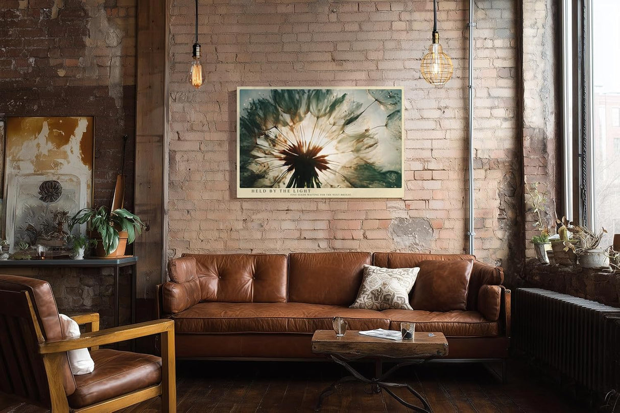 Paul Sinus Wandbild 120x80cm Loewenzahn Samen Makro Naturfotografie modern gruen gold Kunstdruck grosses Natur Kunstbild elegante Wanddekoration fuer Wohnzimmer Büro