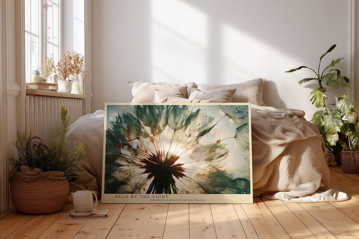Paul Sinus Wandbild 120x80cm Loewenzahn Samen Makro Naturfotografie modern gruen gold Kunstdruck grosses Natur Kunstbild elegante Wanddekoration fuer Wohnzimmer Büro