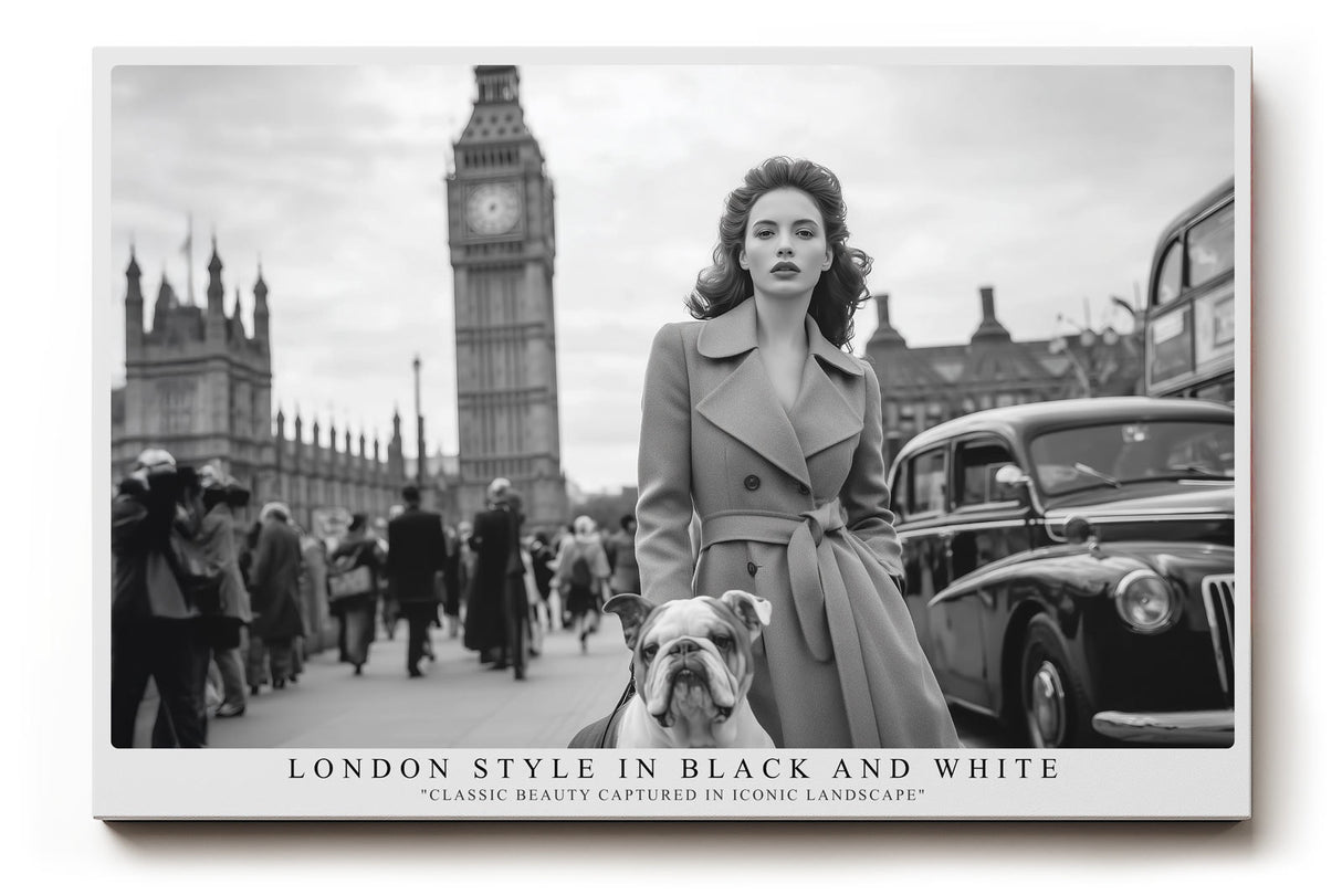 Paul Sinus Wandbild London Style in Black and White – Klassische Szene mit Frau und Hund vor Big Ben