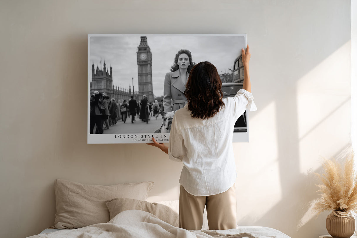 Paul Sinus Wandbild London Style in Black and White – Klassische Szene mit Frau und Hund vor Big Ben