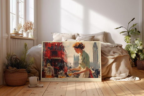 Paul Sinus Wandbild 120x80cm London Szene mit Doppeldeckerbus und Teeverkäuferin Moderne Stadt Kunst für Wohnzimmer Küche Büro