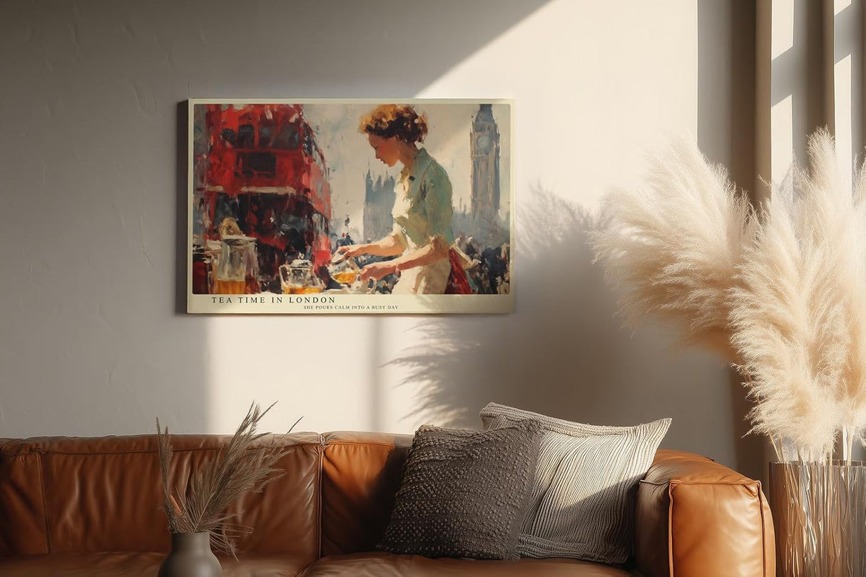 Paul Sinus Wandbild 120x80cm London Szene mit Doppeldeckerbus und Teeverkäuferin Moderne Stadt Kunst für Wohnzimmer Küche Büro