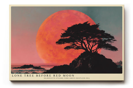Paul Sinus Wandbild 120x80cm Lone Tree before Red Moon dramatische Landschaft mit Baum und rotem Mond Kunst Poster für Wohnzimmer Büro