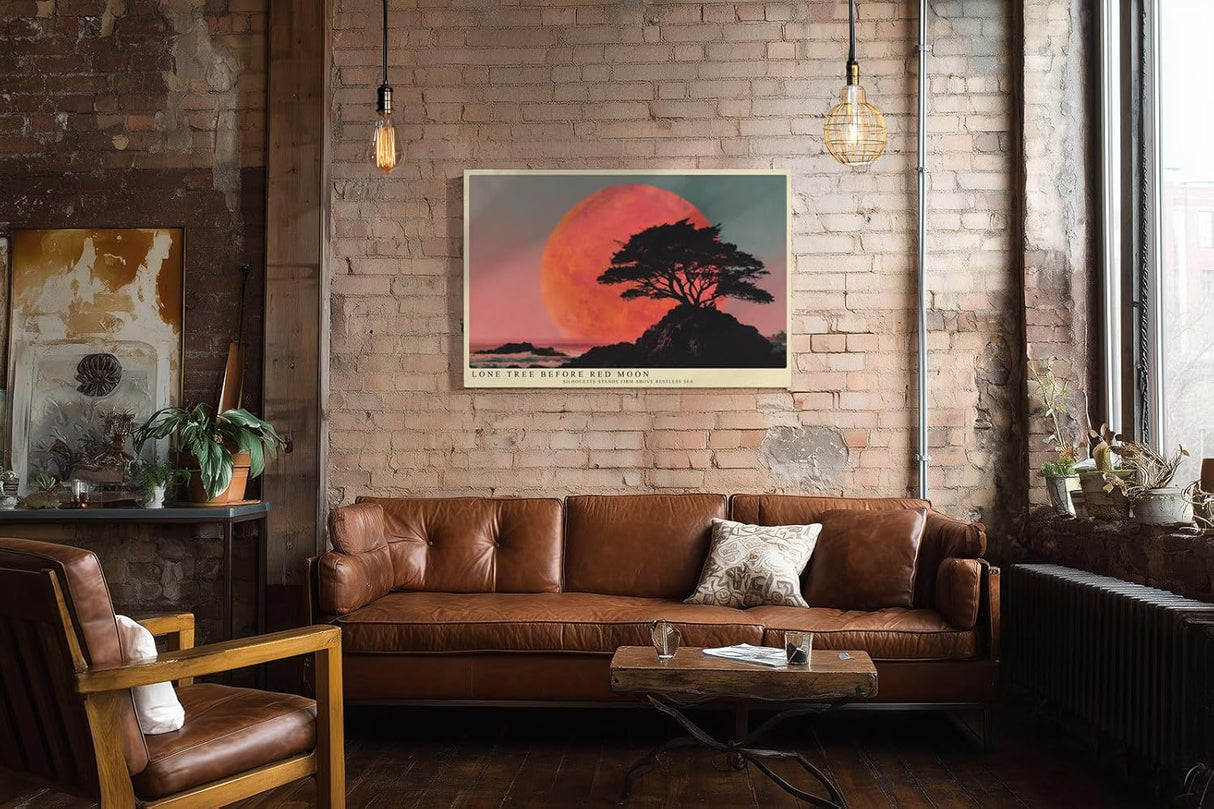 Paul Sinus Wandbild 120x80cm Lone Tree before Red Moon dramatische Landschaft mit Baum und rotem Mond Kunst Poster für Wohnzimmer Büro