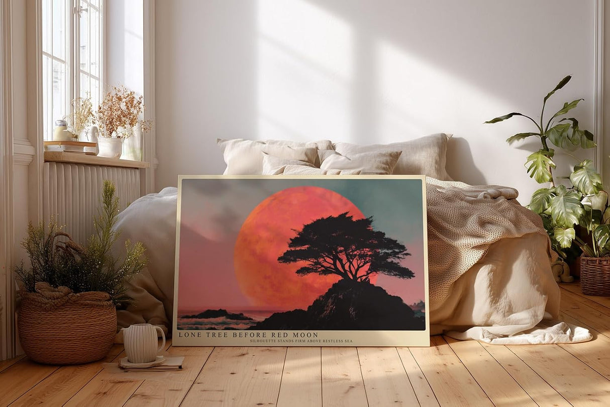 Paul Sinus Wandbild 120x80cm Lone Tree before Red Moon dramatische Landschaft mit Baum und rotem Mond Kunst Poster für Wohnzimmer Büro