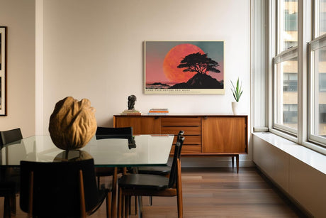 Paul Sinus Wandbild 120x80cm Lone Tree before Red Moon dramatische Landschaft mit Baum und rotem Mond Kunst Poster für Wohnzimmer Büro