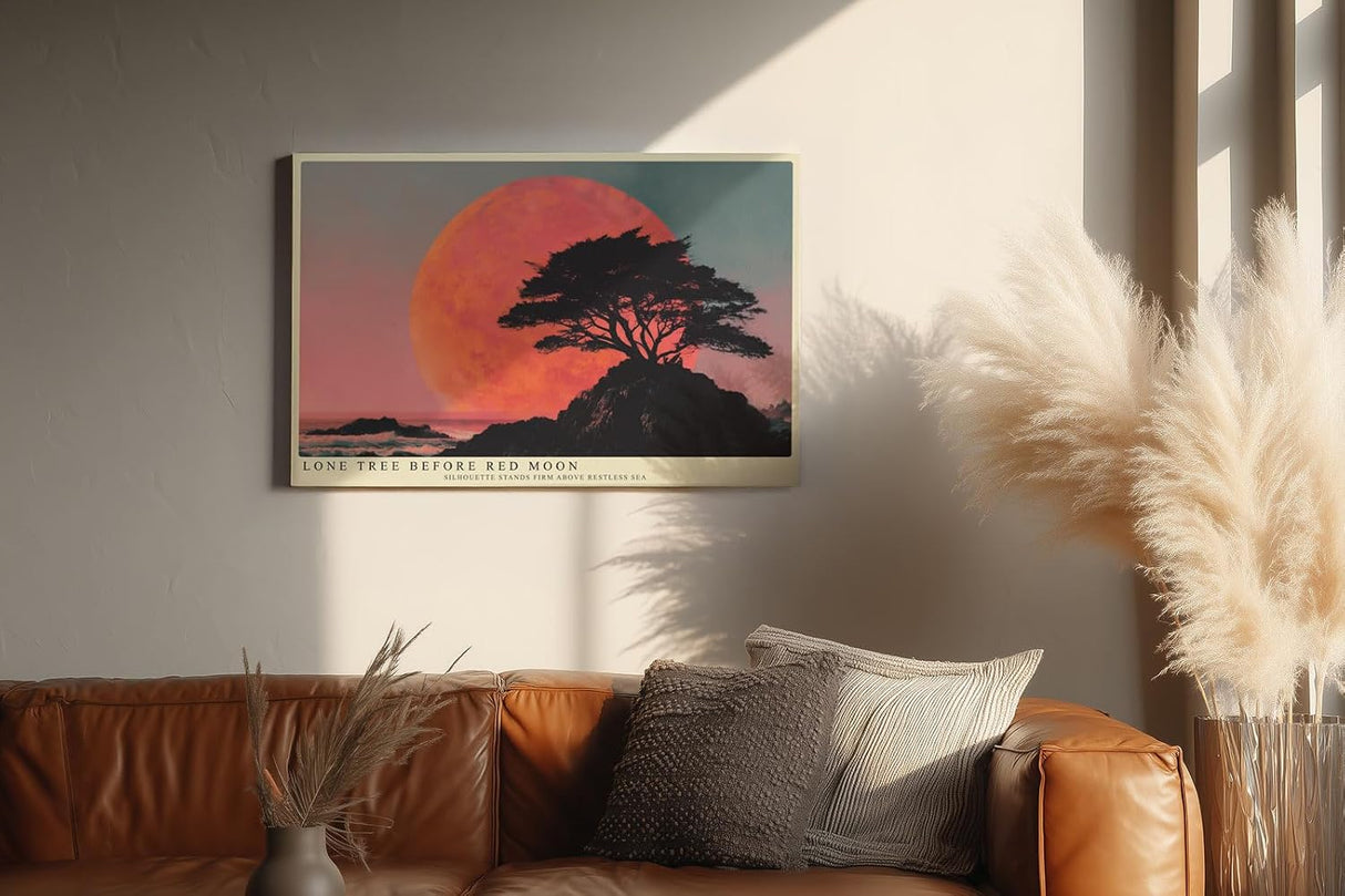 Paul Sinus Wandbild 120x80cm Lone Tree before Red Moon dramatische Landschaft mit Baum und rotem Mond Kunst Poster für Wohnzimmer Büro
