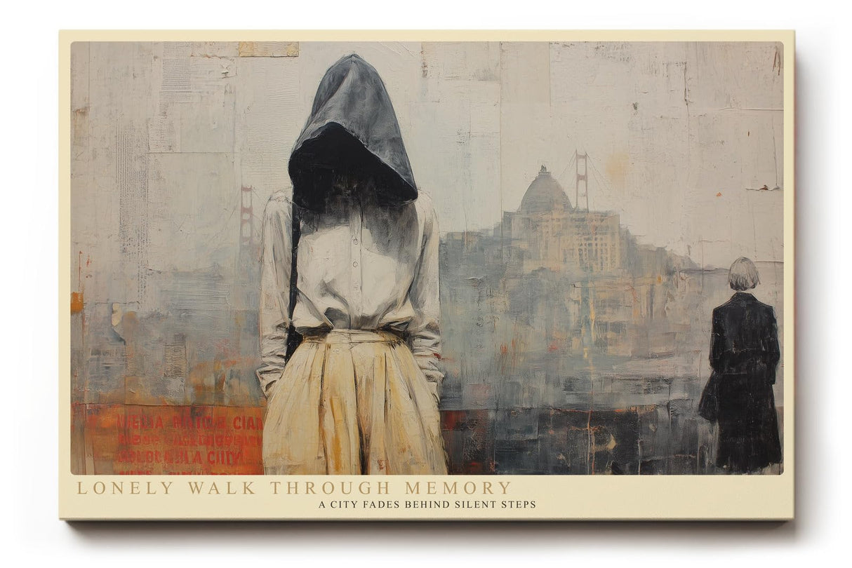 Paul Sinus Wandbild 120x80cm Lonely Walk Through Memory moderne Stadt Szene mit Figur melancholische Kunst Poster für Wohnzimmer Schlafzimmer