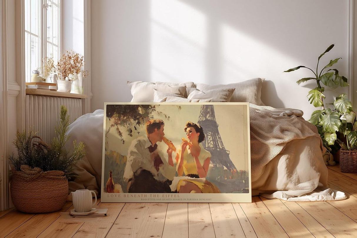 Paul Sinus Wandbild 120x80cm Love Beneath the Eiffel romantische Paris Szene mit Paar und Eiffelturm Kunst Poster für Wohnzimmer Schlafzimmer