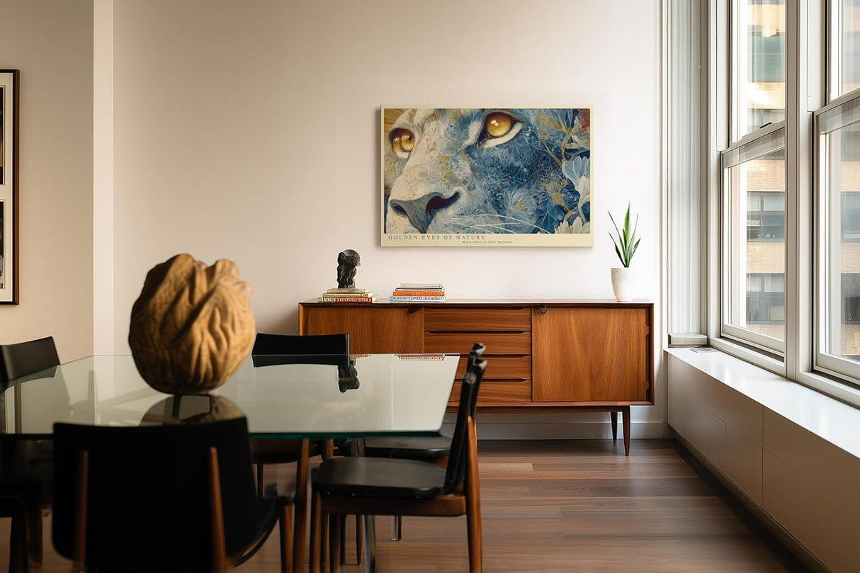 Paul Sinus Wandbild 120x80cm Löwe Goldene Augen Florale Kunst LeinWandbild 120x80cm Mystisches Tierportrait Wanddekoration