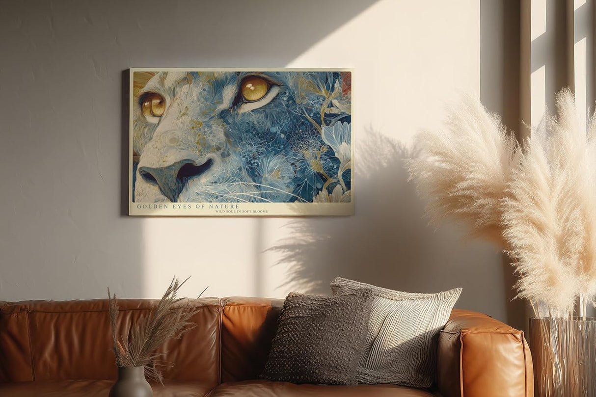 Paul Sinus Wandbild 120x80cm Löwe Goldene Augen Florale Kunst LeinWandbild 120x80cm Mystisches Tierportrait Wanddekoration