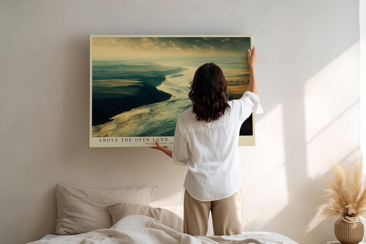 Paul Sinus Wandbild 120x80cm Luftaufnahme Fluss Landschaft moderne Natur Fotokunst weite Felder grosses Landschaftsbild stilvolle Wanddekoration fuer Wohnzimmer Büro