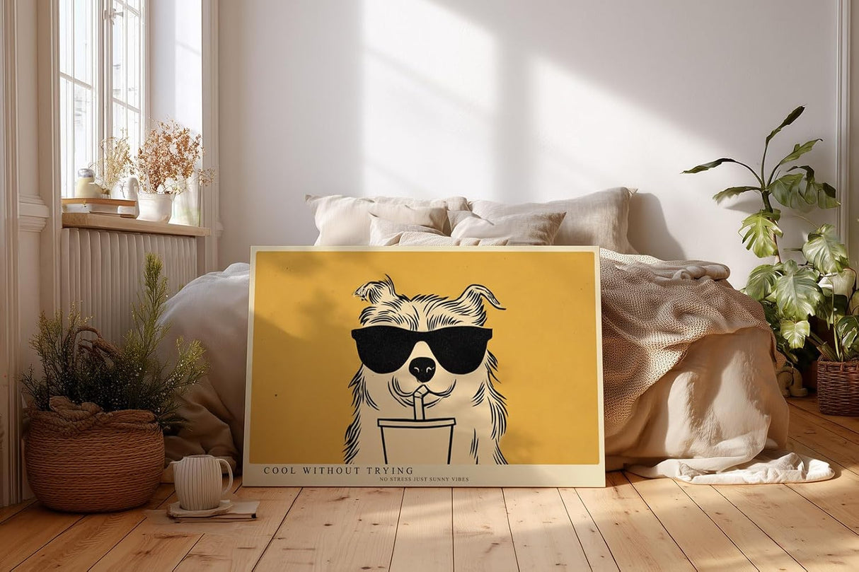 Paul Sinus Wandbild 120x80cm lustiger Hund Illustration modern Pop Art Stil gelb schwarz Tierbild humorvolle Wanddekoration für Wohnzimmer Küche Büro