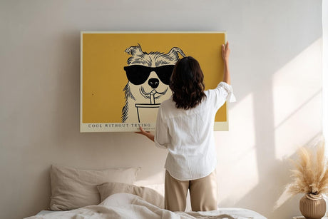 Paul Sinus Wandbild 120x80cm lustiger Hund Illustration modern Pop Art Stil gelb schwarz Tierbild humorvolle Wanddekoration für Wohnzimmer Küche Büro