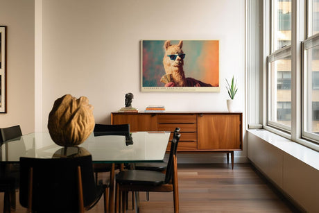 Paul Sinus Wandbild 120x80cm Lustiges Lama mit Sonnenbrille und Geld Modernes Tiermotiv Pop Art Stil fuer Wohnzimmer Büro und Jugendzimmer