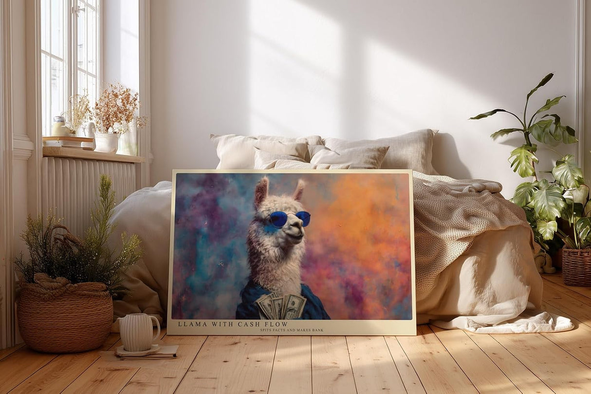 Paul Sinus Wandbild 120x80cm Lustiges Lama mit Sonnenbrille und Geldscheinen modernes Tierposter humorvolle Pop Art Tierkunst Kunstdruck Bild für Wohnzimmer Büro Bar Dekoration