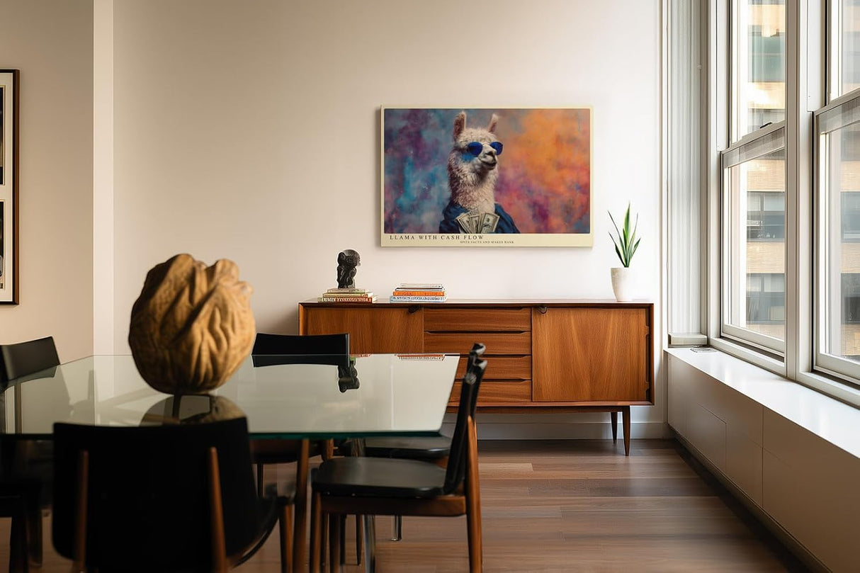 Paul Sinus Wandbild 120x80cm Lustiges Lama mit Sonnenbrille und Geldscheinen modernes Tierposter humorvolle Pop Art Tierkunst Kunstdruck Bild für Wohnzimmer Büro Bar Dekoration