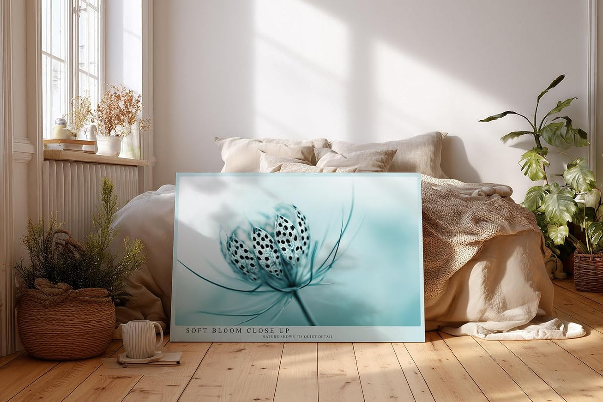 Paul Sinus Wandbild 120x80cm Makro Blume zarte Naturstruktur blau türkis minimalistische Naturfotografie ruhige botanische Kunst moderne