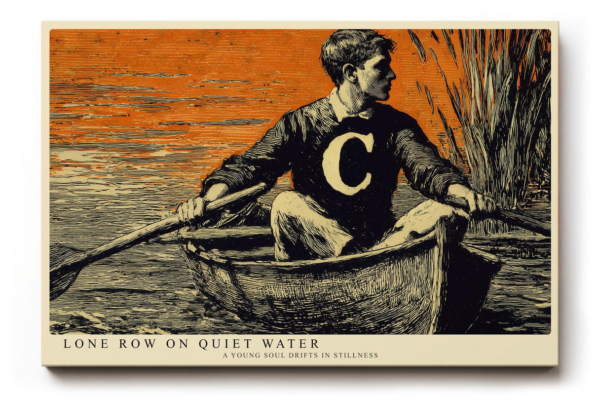 Paul Sinus Wandbild 120x80cm Mann im Boot auf Ruhigem Wasser Vintage Illustration Kunst in Schwarz Orange Wanddekoration
