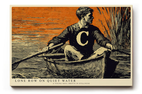 Paul Sinus Wandbild 120x80cm Mann im Boot auf Ruhigem Wasser Vintage Illustration Kunst in Schwarz Orange Wanddekoration