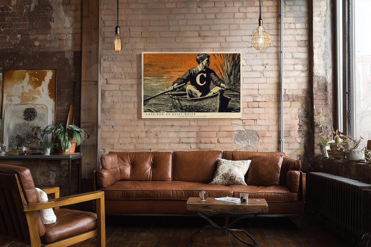 Paul Sinus Wandbild 120x80cm Mann im Boot auf Ruhigem Wasser Vintage Illustration Kunst in Schwarz Orange Wanddekoration