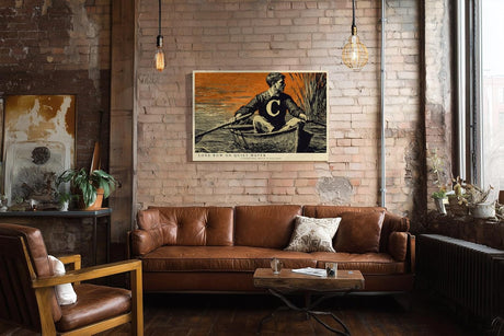 Paul Sinus Wandbild 120x80cm Mann im Boot auf Ruhigem Wasser Vintage Illustration Kunst in Schwarz Orange Wanddekoration