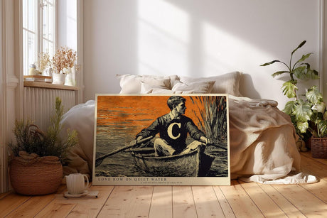 Paul Sinus Wandbild 120x80cm Mann im Boot auf Ruhigem Wasser Vintage Illustration Kunst in Schwarz Orange Wanddekoration