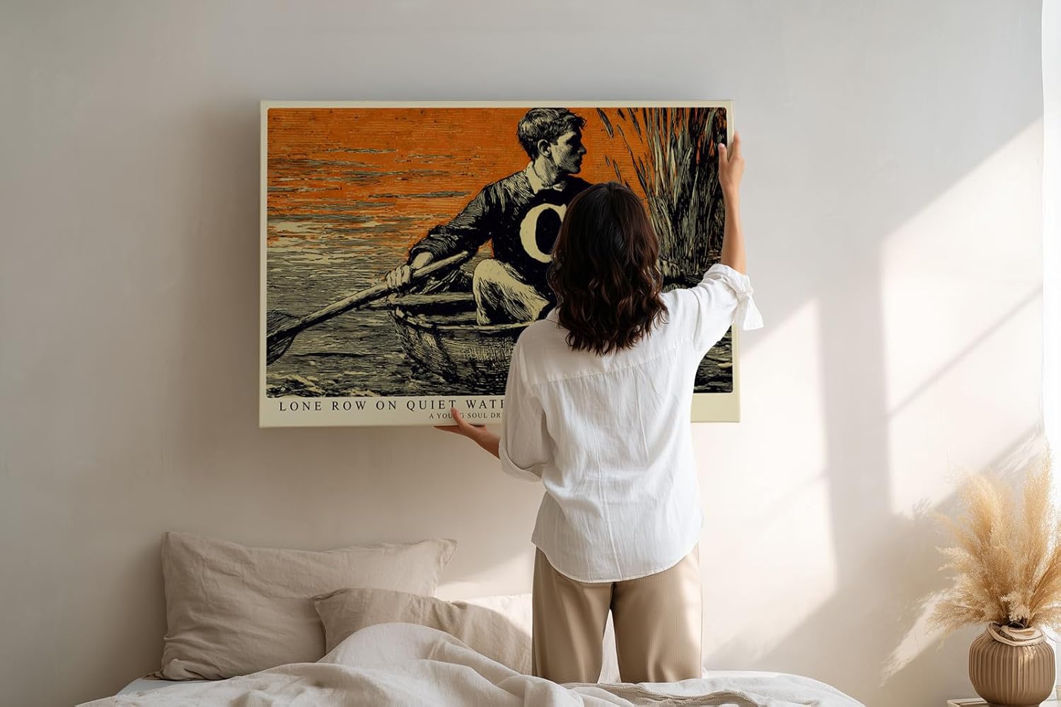 Paul Sinus Wandbild 120x80cm Mann im Boot auf Ruhigem Wasser Vintage Illustration Kunst in Schwarz Orange Wanddekoration