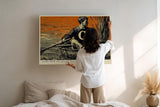 Paul Sinus Wandbild 120x80cm Mann im Boot auf Ruhigem Wasser Vintage Illustration Kunst in Schwarz Orange Wanddekoration
